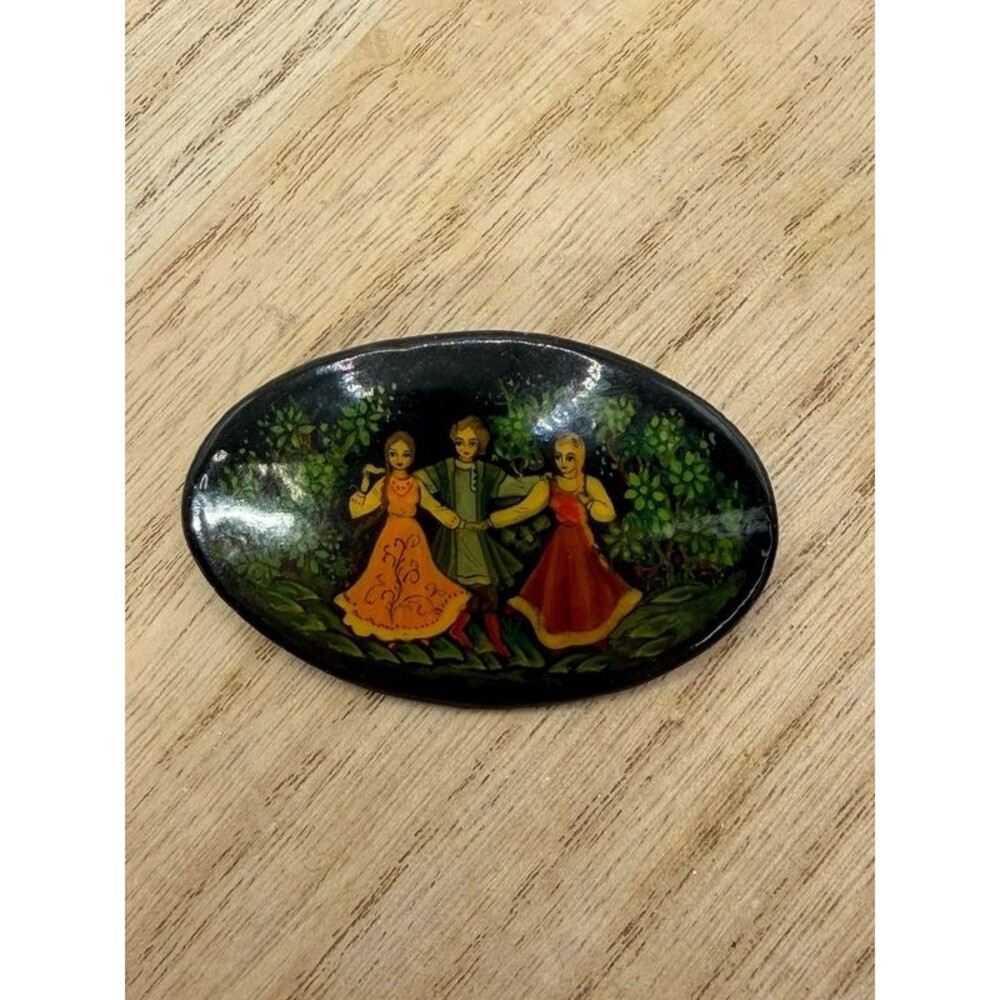 Antique Vintage Hand Painted Russian Black Lacquer Pin Whimsical Dancing